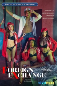 Homem de boné de capitão e três mulheres de casacos vermelhos de aeromoça e lingerie preta posam sedutoramente em um quarto.
