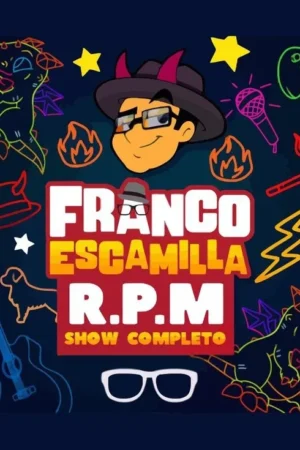 Pôster cartoon: cabeça de homem com chapéu e chifres, óculos, sorrindo. Fundo noturno com neons coloridos de dragão, microfone, chamas. Vibe divertida.