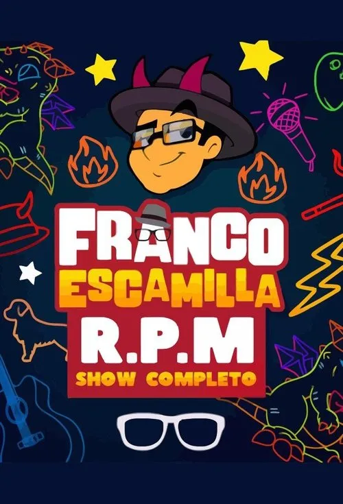 Pôster cartoon:cabeça de homem com chapéu e chifres,óculos,sorrindo. Fundo noturno com neons coloridos de dragão,microfone,chamas. Vibe divertida.
