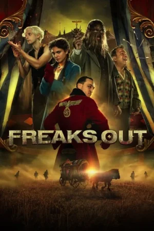 Pôster de filme: um grupo diverso com poderes mágicos e um homem em uniforme nazista. Fundo de circo e campo de batalha. Clima sombrio e fantasioso.