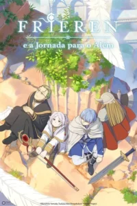 Quatro personagens de fantasia (elfa,mago,guerreiro,anão) descansam sob o sol em ruínas com plantas. Clima sereno de aventura.