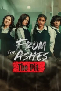 From the Ashes: The Pit 5 Quatro jovens em uniformes escolares posam em corredor escuro e úmido. Um buraco sombrio em primeiro plano. Clima misterioso e dramático.