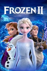 Pôster de animação. Mulher loira em vestido brilhante,mulher ruiva,homem,boneco de neve e rena em fundo azul mágico de inverno.