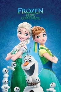 Duas princesas sorridentes, uma loira e uma ruiva, com um boneco de neve feliz e mini bonecos, em fundo azul gelado.