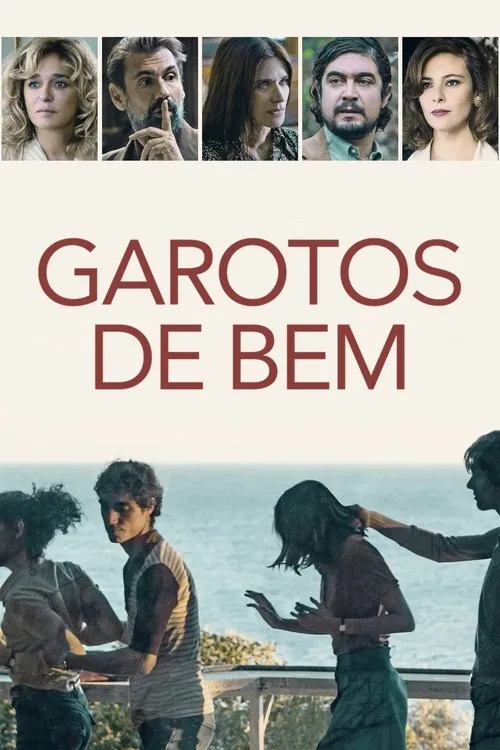 Cinco adultos sérios no topo. Embaixo,jovens dançam em sacada com vista para o mar. Clima de mistério e rebeldia.