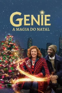 Pôster de Natal:Mulher ruiva sorridente em casaco xadrez,homem barbudo com gorro. Flocos de neve,árvore iluminada e prédios. Magia dourada.