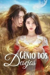 Pôster:Casal asiático em destaque,ela segura uma lâmpada mágica. Areia dourada e deserto com lua crescente ao fundo. Clima de fantasia.