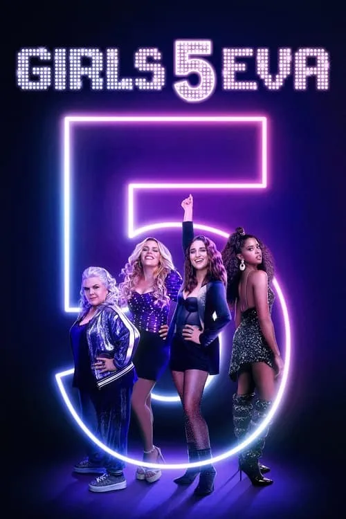 Quatro mulheres em trajes festivos brilhantes posam em fundo roxo com neon, incluindo um 5 grande. Clima vibrante.