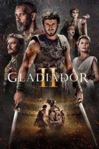 Pôster épico: gladiador com espadas, 5 figuras históricas em trajes romanos. Fundo escuro com arena e combate de gladiadores com rinoceronte.