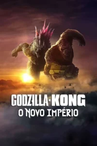 Dois monstros colossais,um réptil com espinhos rosa e um gorila com manopla,sobre nuvens e helicópteros,ao pôr do sol.