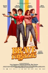 Quatro mulheres com roupas casuais retro seguram pistolas,apontando à frente. Fundo de listras coloridas. Clima ousado.