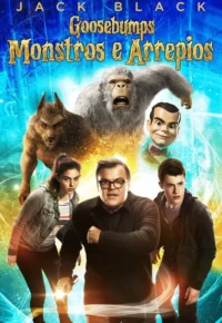 Ator de óculos e dois jovens encaram lobisomem,yeti e boneco sinistro. Fundo mágico azul e laranja com brilhos. Aventura assustadora.