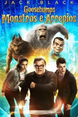 Ator de óculos e dois jovens encaram lobisomem, yeti e boneco sinistro. Fundo mágico azul e laranja com brilhos. Aventura assustadora.