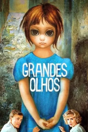 Pintura de menina com olhos grandes e tristes, uma lágrima. Veste azul com letras brancas. Dois adultos pintam a base. Clima melancólico e artístico.