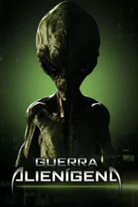 Pôster: Alienígena cinzento de cabeça grande, olhos negros e pele enrugada, iluminado por uma luz verde misteriosa. Atmosfera sci-fi.