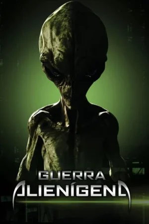 Pôster: Alienígena cinzento de cabeça grande, olhos negros e pele enrugada, iluminado por uma luz verde misteriosa. Atmosfera sci-fi.