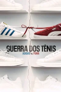 Um pôster mostra um tênis branco de listras azuis e um vermelho, com cadarços amarrados. Uma rachadura vertical os divide.