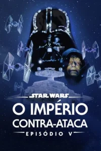 Pôster de ficção científica com Darth Vader,o Imperador Palpatine,naves e caças TIE no espaço. Clima sombrio.