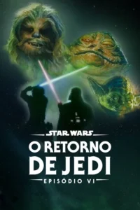 Pôster espacial:Chewbacca,Jabba e Yoda etéreos. Silhuetas duelam com sabres de luz azul e vermelho. Um clima de confronto no espaço.
