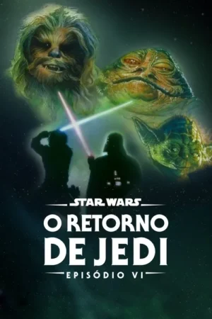 Pôster espacial: Chewbacca, Jabba e Yoda etéreos. Silhuetas duelam com sabres de luz azul e vermelho. Um clima de confronto no espaço.