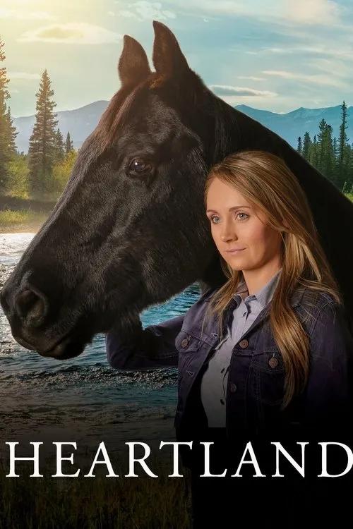 Heartland 1 Jovem loira e cavalo preto em close,com rio,árvores e montanhas ao fundo sob céu ensolarado. Clima rural sereno.