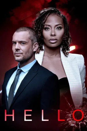 Pôster: Homem de terno à esquerda, olhando de lado. Mulher séria de blazer, atrás e à direita, encarando. Fundo vermelho sombrio e intenso.