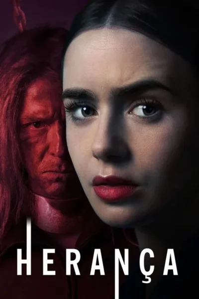 Close-up de mulher séria com lábios vermelhos. Atrás, um homem de cabelo longo e aparência sombria, usando um colar. Clima tenso e misterioso.