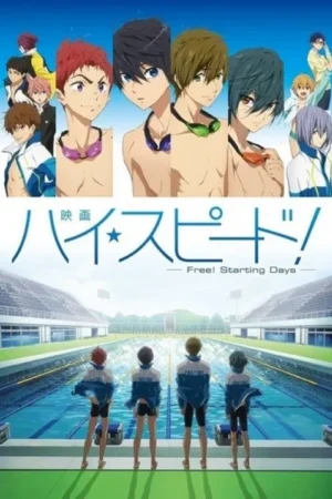 Jovens nadadores de anime: rostos de vários personagens e quatro rapazes de costas, observando uma piscina de competição vazia. Atmosfera esportiva juvenil.