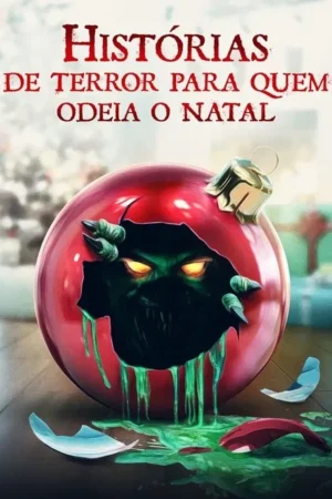 Monstro verde com olhos brilhantes e garras rasga um enfeite de Natal vermelho. Gosma escorre pelo chão. Clima de terror natalino.