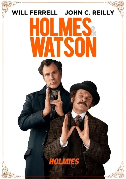 Holmes e Watson 1 Dois homens em trajes vitorianos fazem poses cômicas com as mãos,em fundo branco. Um tem cabelo escuro,outro bigode e chapéu. Clima de paródia.
