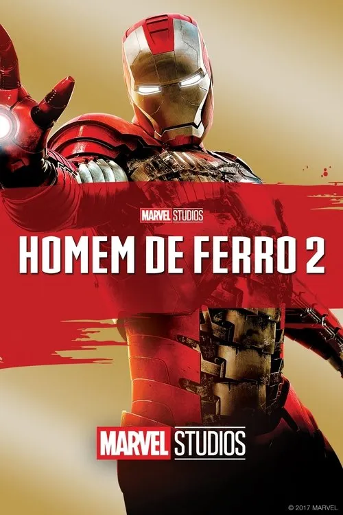 Pôster de herói blindado vermelho e dourado,com olhos e mão brilhantes,em pose de ataque. Fundo gradiente amarelo-marrom.