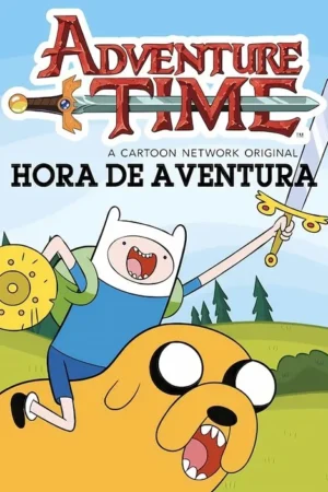 Pôster animado: Garoto de chapéu branco montado em cão amarelo gigante, brandindo espada e escudo, correm por colinas verdes. Aventura!