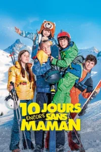 Pai exausto com quatro filhos em uma encosta nevada. Um no ombro,outro nas costas. Todos com roupas de esqui,clima divertido e caótico.