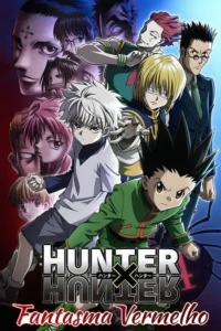 Pôster de anime com vários personagens. Dois jovens sérios em primeiro plano. Outros rostos intensos. Fundo dividido em azul e vermelho.