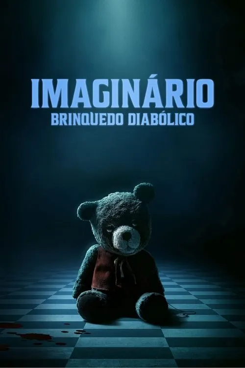 Um urso de pelúcia escuro e surrado,com colete,sentado em chão xadrez. Manchas de sangue e uma chave. Ambiente sombrio de terror.