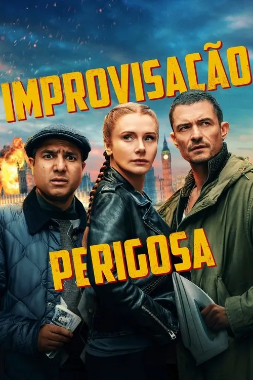 Improvisação Perigosa 1 Três personagens em close:homem assustado com dinheiro,mulher séria,homem intenso com ferro. Fundo caótico de Londres com explosões.