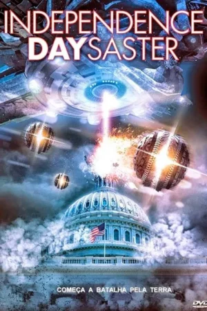 Pôster de ficção científica: disco voador atira em esferas alienígenas que explodem sobre o Capitólio dos EUA em ruínas.