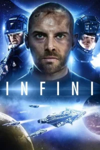 Pôster de ficção científica com homem barbudo intenso,soldados espaciais,naves e planetas em um céu azul estrelado.