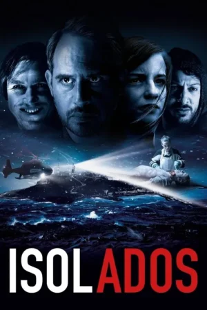 Pôster escuro: 4 rostos graves observam ilha rochosa no mar. Helicóptero ilumina corpo sendo atendido. Atmosfera de perigo e isolamento.