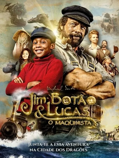 Jim Knopf e Lucas:O Maquinista 1 Pôster de aventura:um menino e um homem barbudo sorrindo. Fundo de mapa antigo com navios,dragão e cidade. Um trem no mar. Clima de jornada fantástica.