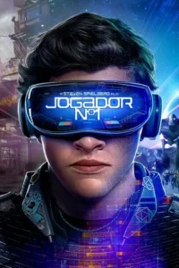 Jovem com óculos de realidade virtual. O fundo,dividido,mostra uma cidade distópica e uma paisagem virtual com robô gigante.