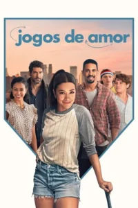 Pôster com uma mulher sorridente em destaque segurando um bastão. Atrás dela, cinco pessoas diversas sorriem com uma cidade ao fundo. Clima alegre e esportivo.