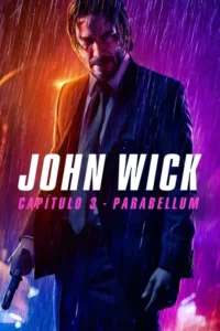 Pôster:Homem de terno,com barba e expressão intensa,em pé sob chuva forte,com iluminação neon laranja e roxa. Segura uma arma.