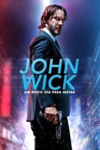 Homem de terno,com barba e ferimentos no rosto,segura uma arma. Fundo urbano borrado com luzes neon e faíscas. Clima intenso.