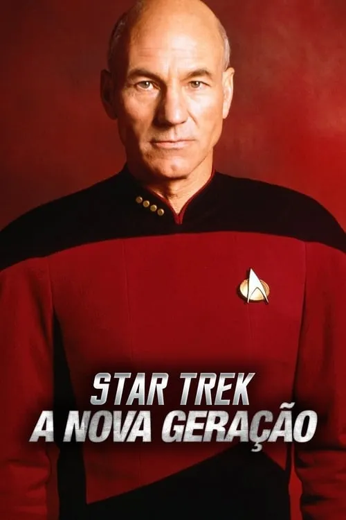 Jornada nas Estrelas:A Nova Geração 1 Homem careca de uniforme vermelho e preto com insígnia dourada,olhando sério. Fundo vermelho escuro.