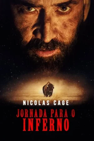 Pôster: Rosto barbudo e intenso no topo. Abaixo, um bisonte solitário em campo iluminado por luz dourada, sob céu escuro e estrelado.