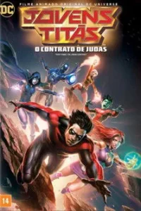 Pôster de ação:Jovens super-heróis voam e escalam rochas. Um herói de preto e vermelho em primeiro plano,outros com poderes atrás.