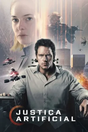 Pôster futurista: Homem sério com fones, mulher etérea. Drones, soldados e explosões em uma cidade tecnológica e caótica.