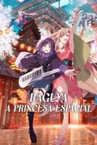 Duas garotas anime,uma com keytar,outra cantando no microfone,em cenário de cidade japonesa com cerejeiras e toques futuristas.