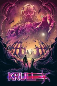 Criatura roxa gigante e disforme domina um cenário de ruínas. Duas figuras humanas encaram o terror apocalíptico. Clima sombrio.